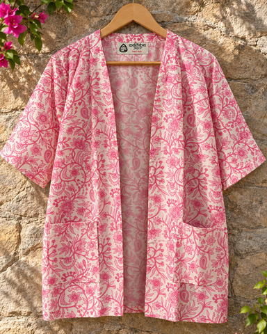 Pink Block Printed Cotton Short Kimono for Women