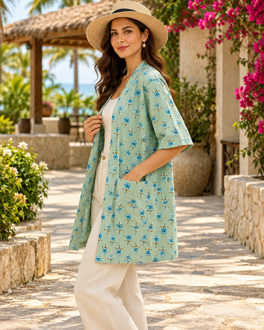 Block Printed Vintage Cotton Kimono for Women