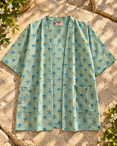 Block Printed Vintage Cotton Kimono for Women
