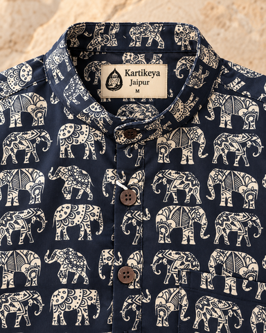 Small Elephant Print Half Sleeve Cotton Short Kurta for Men - Black