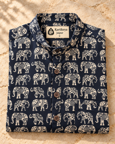 Small Elephant Print Half Sleeve Cotton Short Kurta for Men - Black