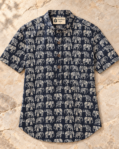 Small Elephant Print Half Sleeve Cotton Short Kurta for Men - Black