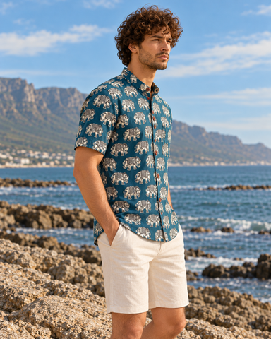 Classic Elephant Print Half Sleeve Cotton Short Kurta for Men