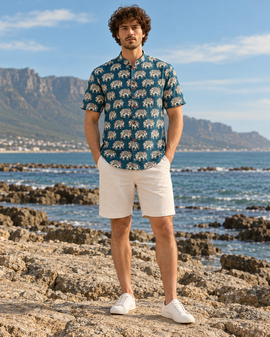 Classic Elephant Print Half Sleeve Cotton Short Kurta for Men