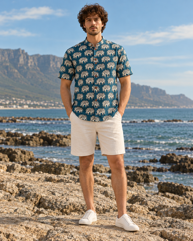 Classic Elephant Print Half Sleeve Cotton Short Kurta for Men