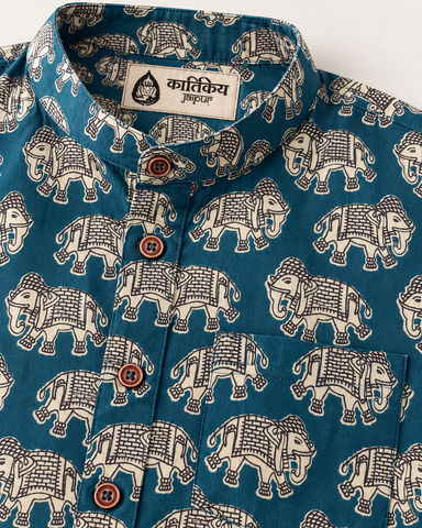 Classic Elephant Print Half Sleeve Cotton Short Kurta for Men