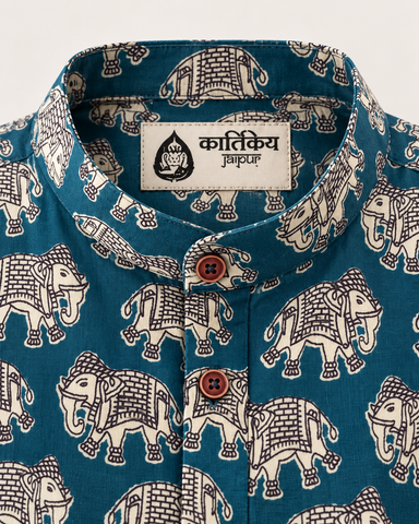 Classic Elephant Print Half Sleeve Cotton Short Kurta for Men