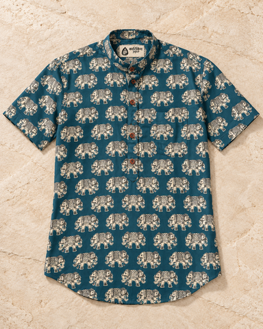 Classic Elephant Print Half Sleeve Cotton Short Kurta for Men