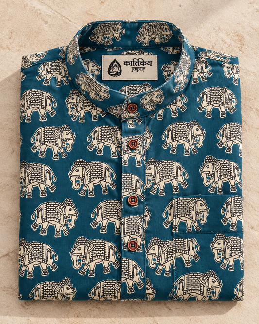 Classic Elephant Print Half Sleeve Cotton Short Kurta for Men