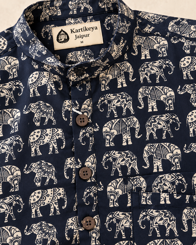 Small Elephant Print Half Sleeve Cotton Short Kurta for Men - Black