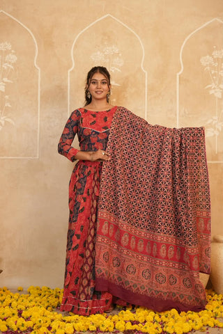 Cotton Bagru Printed Designer Top & Skirt with Soft Mulmul Dupatta (Lehenga Choli)