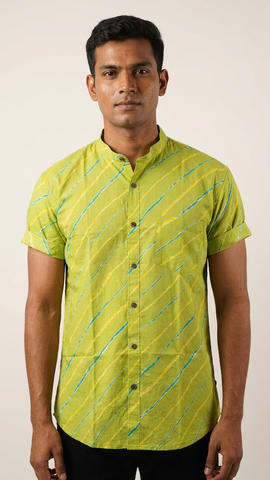 Lehariya Print Half Sleeve Cotton Shirt for Men - Mandarin
