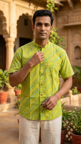 Lehariya Print Half Sleeve Cotton Shirt for Men - Mandarin