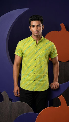 Lehariya Print Half Sleeve Cotton Shirt for Men - Mandarin