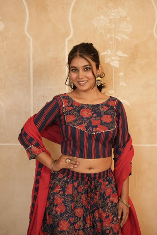 Cotton Bagru Printed Designer Top & Skirt with Soft Mulmul Dupatta (Lehenga Choli)