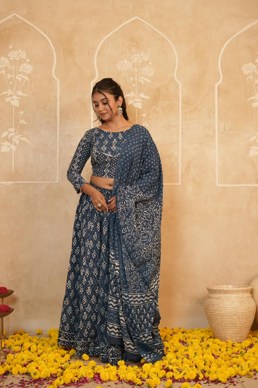 Cotton Bagru Printed Designer Top & Skirt with Soft Mulmul Dupatta (Lehenga Choli)