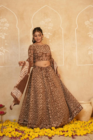 Cotton Bagru Printed Designer Top & Skirt with Soft Mulmul Dupatta (Lehenga Choli)