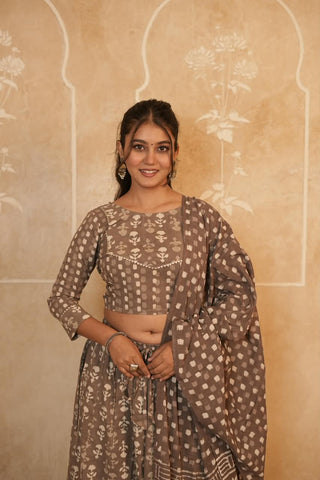 Cotton Bagru Printed Designer Top & Skirt with Soft Mulmul Dupatta (Lehenga Choli)