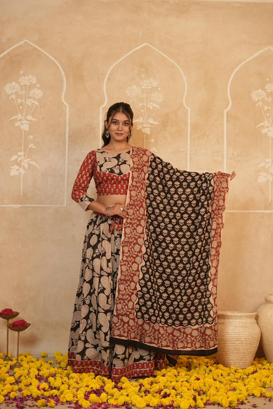 Cotton Bagru Printed Designer Top & Skirt with Soft Mulmul Dupatta (Lehenga Choli)