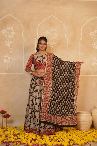 Cotton Bagru Printed Designer Top & Skirt with Soft Mulmul Dupatta (Lehenga Choli)