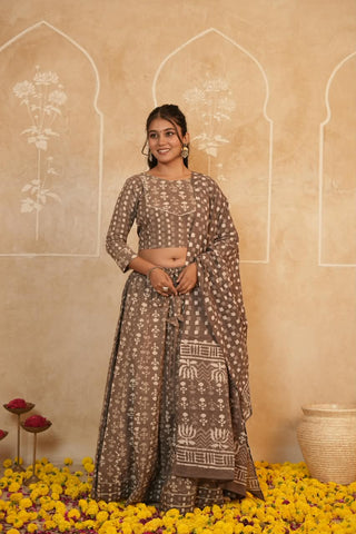 Cotton Bagru Printed Designer Top & Skirt with Soft Mulmul Dupatta (Lehenga Choli)