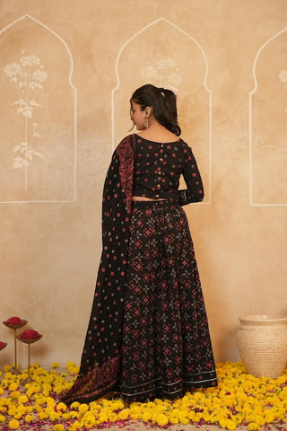 Cotton Bagru Printed Designer Top & Skirt with Soft Mulmul Dupatta (Lehenga Choli)