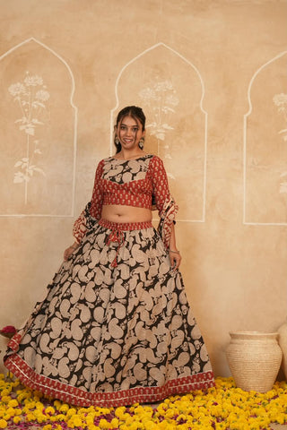 Cotton Bagru Printed Designer Top & Skirt with Soft Mulmul Dupatta (Lehenga Choli)