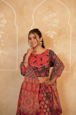 Cotton Bagru Printed Designer Top & Skirt with Soft Mulmul Dupatta (Lehenga Choli)