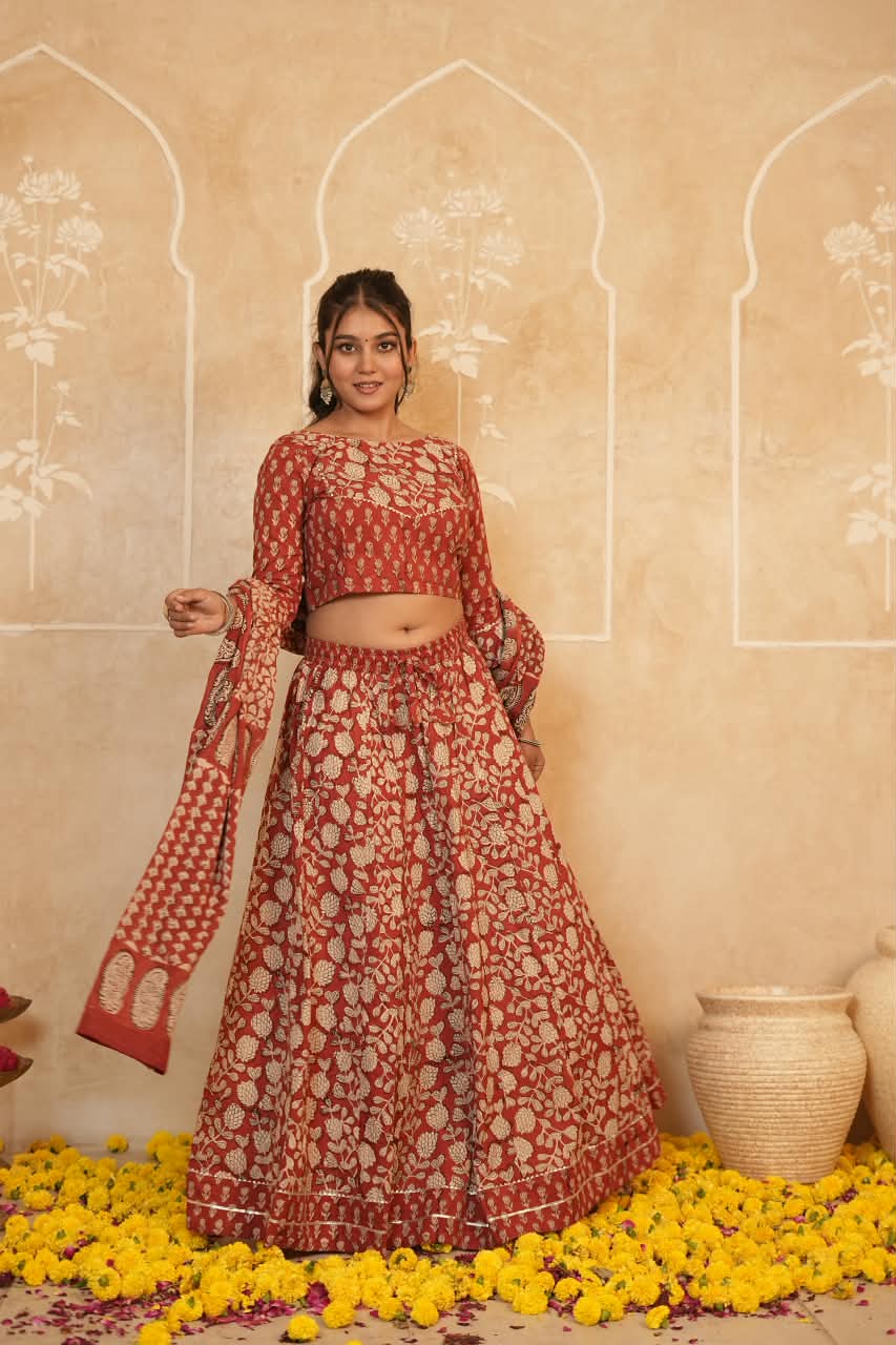 Cotton Bagru Printed Designer Top & Skirt with Soft Mulmul Dupatta (Lehenga Choli)
