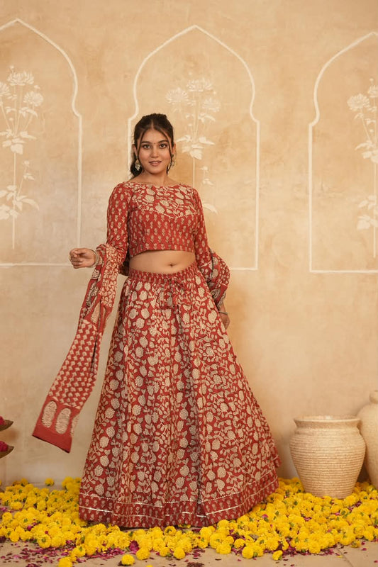 Cotton Bagru Printed Designer Top & Skirt with Soft Mulmul Dupatta (Lehenga Choli)