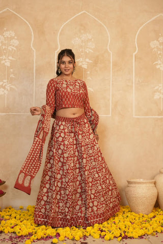 Cotton Bagru Printed Designer Top & Skirt with Soft Mulmul Dupatta (Lehenga Choli)