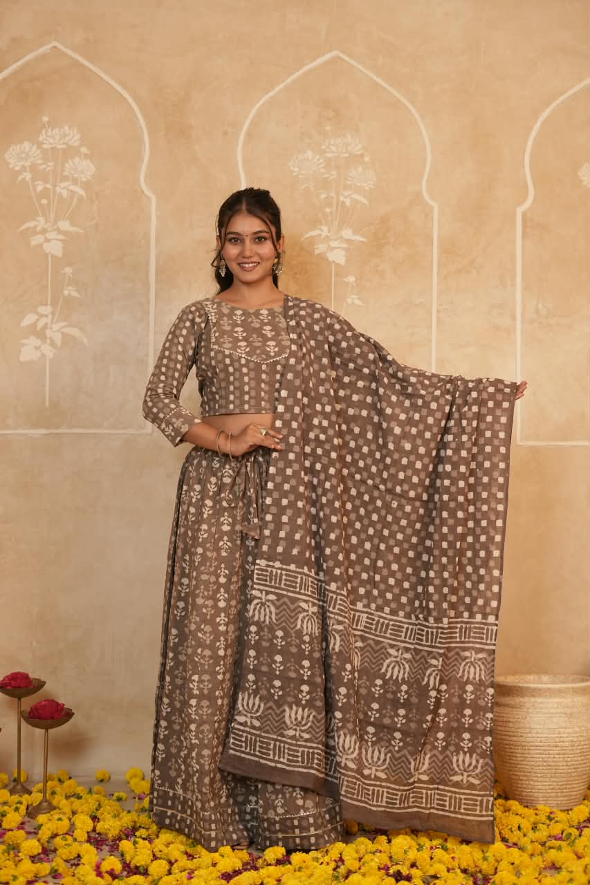 Cotton Bagru Printed Designer Top & Skirt with Soft Mulmul Dupatta (Lehenga Choli)