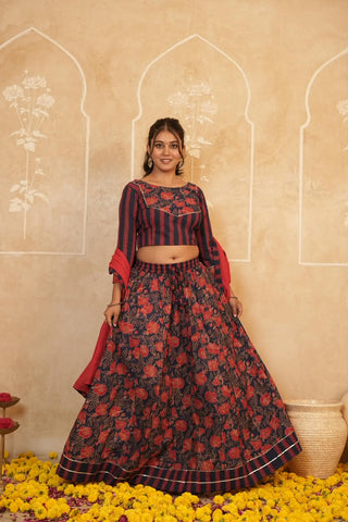 Cotton Bagru Printed Designer Top & Skirt with Soft Mulmul Dupatta (Lehenga Choli)