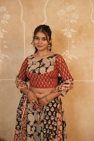 Cotton Bagru Printed Designer Top & Skirt with Soft Mulmul Dupatta (Lehenga Choli)