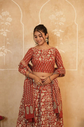 Cotton Bagru Printed Designer Top & Skirt with Soft Mulmul Dupatta (Lehenga Choli)