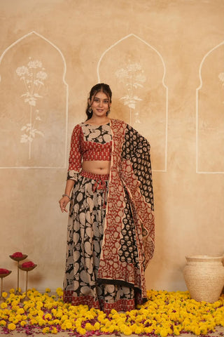 Cotton Bagru Printed Designer Top & Skirt with Soft Mulmul Dupatta (Lehenga Choli)