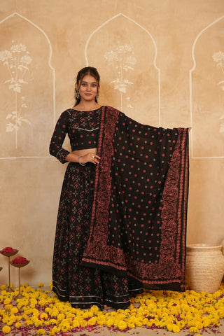 Cotton Bagru Printed Designer Top & Skirt with Soft Mulmul Dupatta (Lehenga Choli)