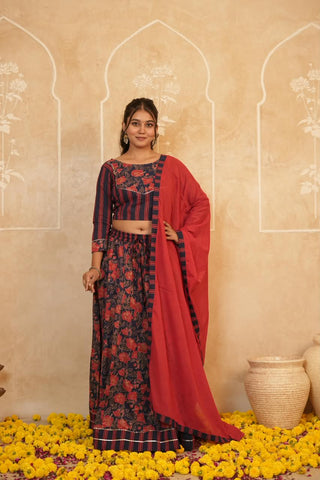 Cotton Bagru Printed Designer Top & Skirt with Soft Mulmul Dupatta (Lehenga Choli)