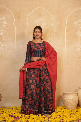 Cotton Bagru Printed Designer Top & Skirt with Soft Mulmul Dupatta (Lehenga Choli)