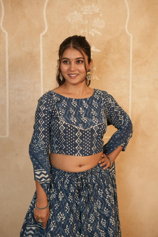 Cotton Bagru Printed Designer Top & Skirt with Soft Mulmul Dupatta (Lehenga Choli)