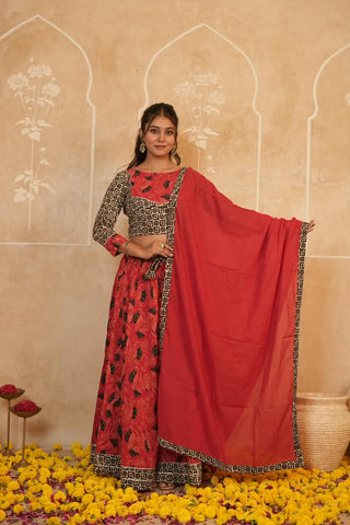 Cotton Bagru Printed Designer Top & Skirt with Soft Mulmul Dupatta (Lehenga Choli)