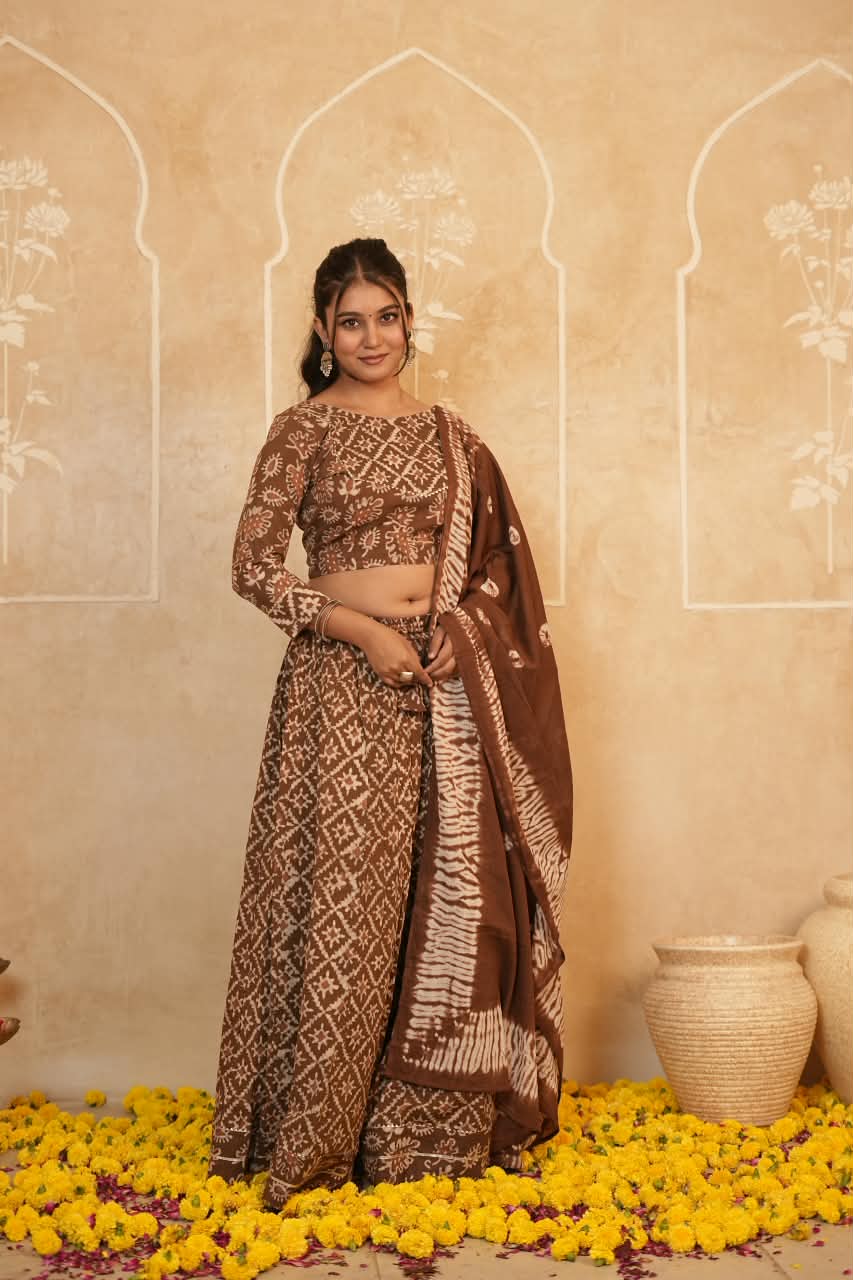 Cotton Bagru Printed Designer Top & Skirt with Soft Mulmul Dupatta (Lehenga Choli)