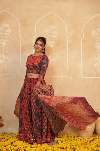 Cotton Bagru Printed Designer Top & Skirt with Soft Mulmul Dupatta (Lehenga Choli)