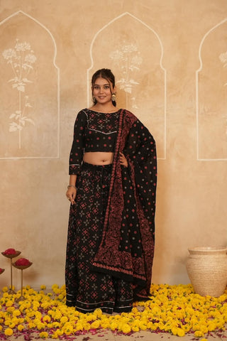 Cotton Bagru Printed Designer Top & Skirt with Soft Mulmul Dupatta (Lehenga Choli)