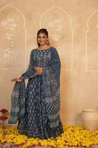 Cotton Bagru Printed Designer Top & Skirt with Soft Mulmul Dupatta (Lehenga Choli)