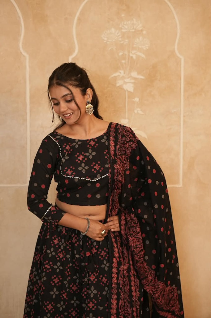 Cotton Bagru Printed Designer Top & Skirt with Soft Mulmul Dupatta (Lehenga Choli)