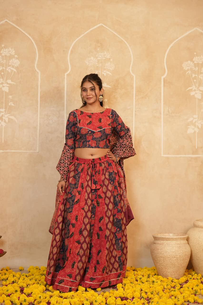 Cotton Bagru Printed Designer Top & Skirt with Soft Mulmul Dupatta (Lehenga Choli)
