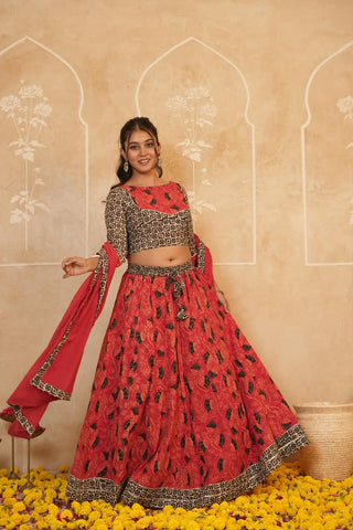 Cotton Bagru Printed Designer Top & Skirt with Soft Mulmul Dupatta (Lehenga Choli)