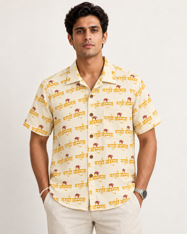 Marathi Asmita Beige Half Sleeves Cotton Shirt for Men