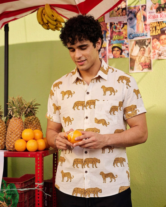 Leopard Print Half Sleeve Cotton Shirt for Men